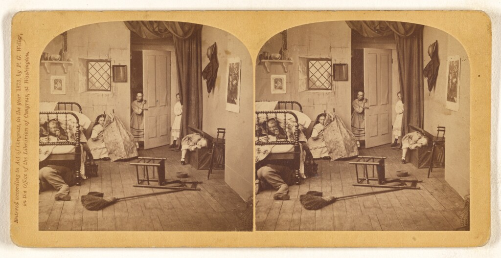 Two nearly identical side-by-side sepia-toned photographs of children playing hide-and-seek in a Victorian bedroom